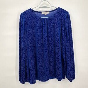 LOFT Royal Blue Velvet Burnout Damask Balloon Sleeve Blouse Top Large